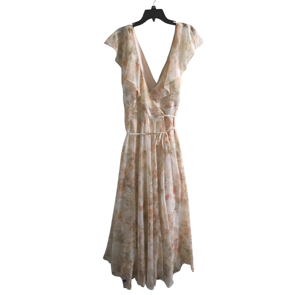 Jenny Yoo‎ Collection Floral Chiffon Wrap Maxi Dress Tan Sage Cream Size 8